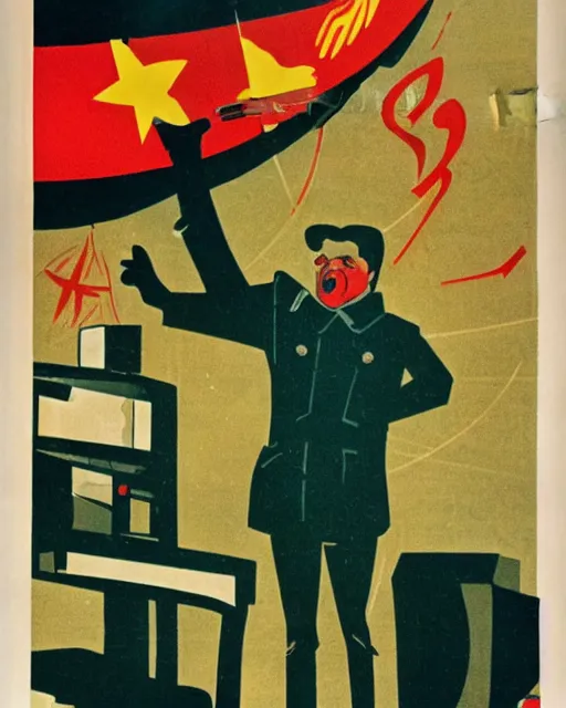 Image similar to soviet propaganda poster of an angry communist developer yelling at his computer