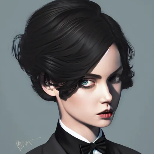 Image similar to girl in tuxedo with black chaotic wavy short haircut, elegant, 2d, ultra highly detailed, digital painting, smooth, sharp focus, artstation, art by Ilya Kuvshinov