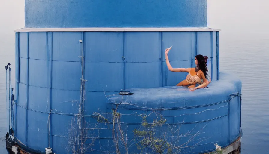 Prompt: on the roof of a house, a beautiful young woman floats in the water tank. the overall color is blue, with a dreamy feeling.