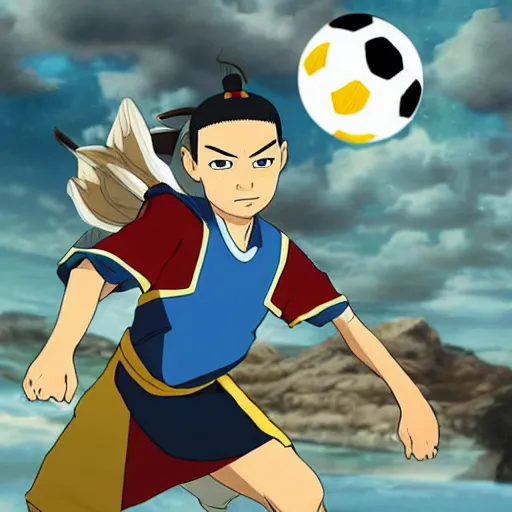 Prompt: avatar the last airbender playing soccer