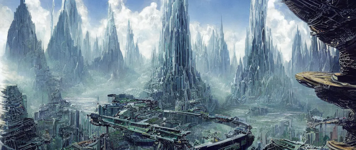 Prompt: A beautiful illustration of a futuristic city of towers and bridges built on an alien world of waterfalls by Robert McCall and Ralph McQuarrier | sparth:.2 | Time white:.2 | Rodney Matthews:.2 | Graphic Novel, Visual Novel, Colored Pencil, Comic Book:.6 | unreal engine:.3 | | viewed from below | establishing shot:.7
