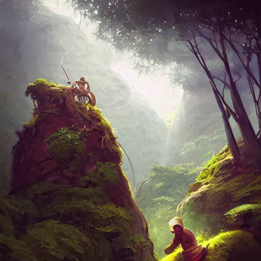 Prompt: a painting of a pilot sitting in a rock on a jungle!, an ultrafine detailed painting by mandy jurgens, featured on deviantart, fantasy art, 2 d game art, ilya kuvshinov, steampunk