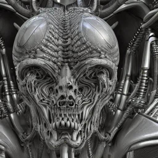 Image similar to HYPER REALISTIC VFX SIMULATION of one of H.R GIGER'S works, INTRICATELY DETAILED 3D OCTANE RENDER