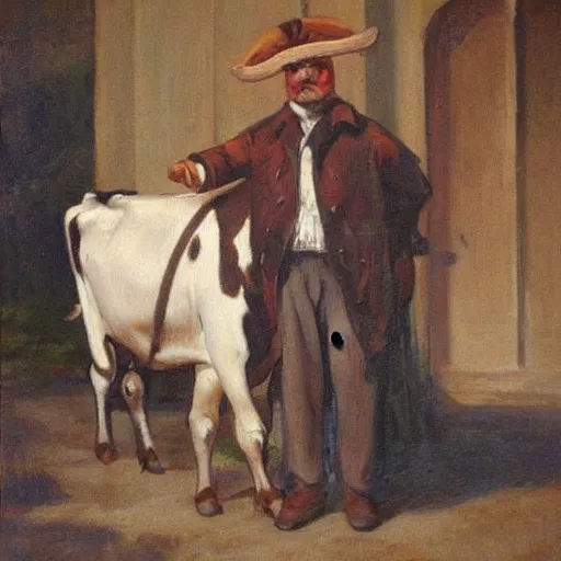 Image similar to painting by zorn, cow wearing clothes!!! standing next to royal castle!!!