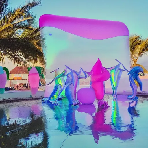 Image similar to a pastel colour high fidelity wide angle Polaroid art photo from a holiday album at a seaside with abstract inflatable parachute furniture, all objects made of transparent iridescent Perspex and metallic silver, high fidelity people in masks dance in the distance, iridescence, nostalgic