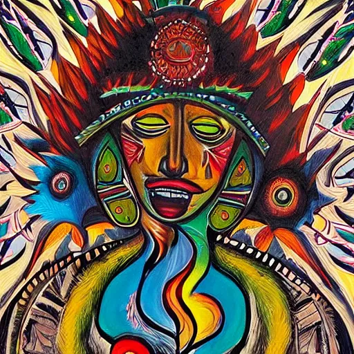Prompt: shamanic art by anderson debernardi and pablo amaringo