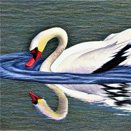 Image similar to Colored pencil art , Swan swimming in the pon, highly detailed, artstation, MasterPiece, Award-Winning, Caran d'Ache Luminance