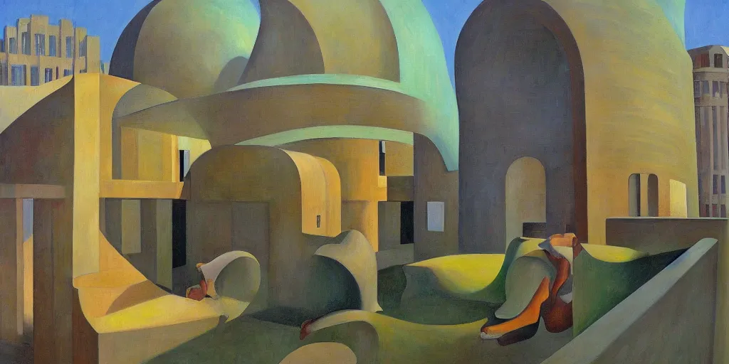 Image similar to biomorphic architecture, fantastical courtyard, grant wood, pj crook, edward hopper, oil on canvas