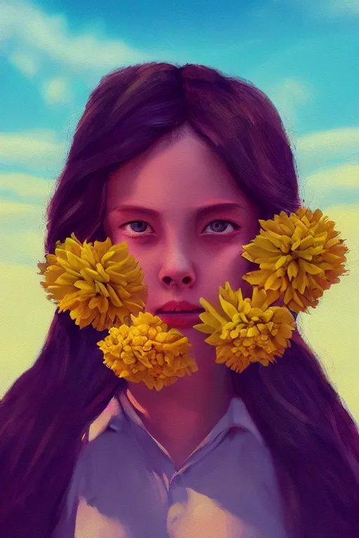 Image similar to closeup girl with huge yellow dahlia flower face, on beach, surreal photography, blue sky, sunrise, dramatic light, impressionist painting, digital painting, artstation, simon stalenhag