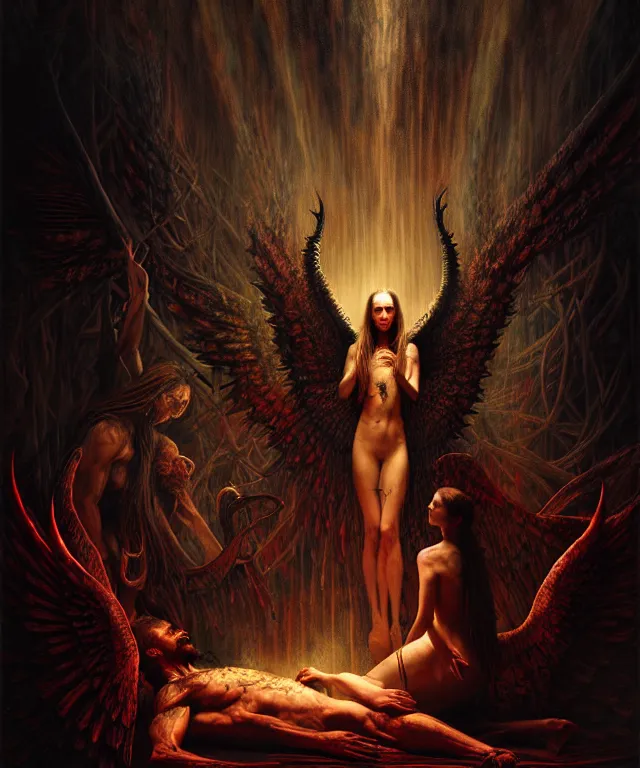 Image similar to epic professional digital art of god's bargain with lucifer, horrific yet beautiful vibe, evocative, atmospheric lighting, painted, intricate, highly detailed, by leesha hannigan, wayne haag, reyna rochin, ignacio fernandez rios, mark ryden, iris van herpen, artstation, cgsociety, stunning, gorgeous, sharp focus, cinematic, masterpiece