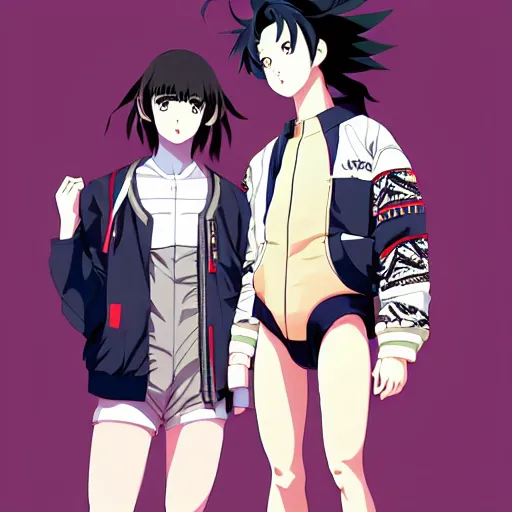 Image similar to a beautiful androgoynous anime boy gravure model, wearing oversized mayan bomber jacket and leotard with overalls, bulky poofy bomber jacket with mayan patterns, aztec street fashion, gapmoe yandere grimdark, trending on pixiv fanbox, painted by greg rutkowski makoto shinkai takashi takeuchi studio ghibli, akihiko yoshida