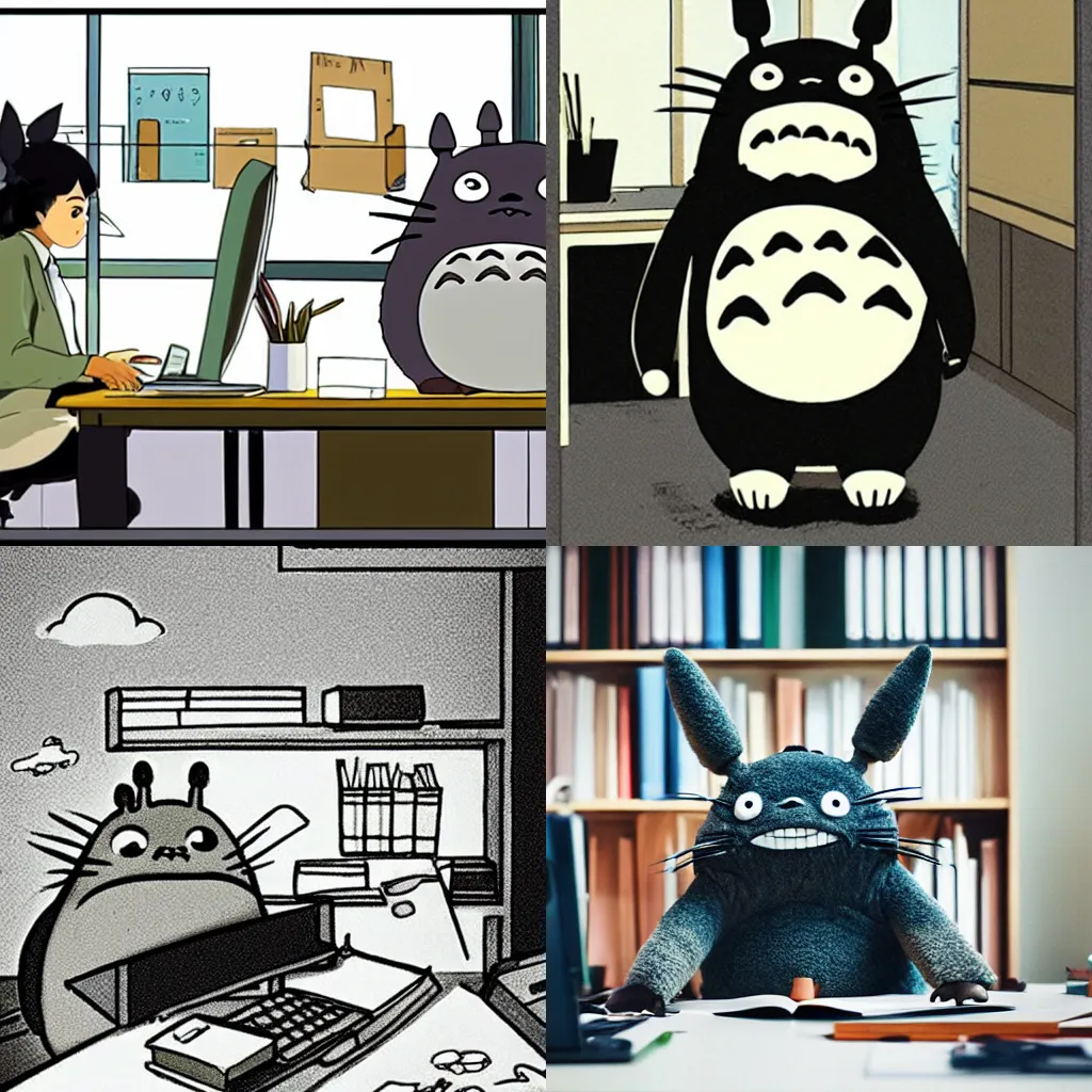 Prompt: totoro working in an office