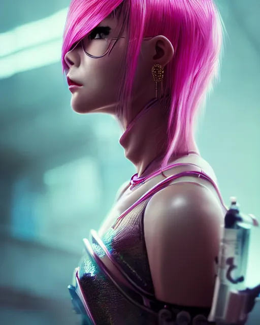 Image similar to portrait of a beautiful asian woman with pink hair as a cyberpunk cyborg half robot, sci - fi, missing panels, intricate abstract upper body intricate artwork, concept art, octane render, deviantart, cinematic, key art, hyperrealism, iridescent accents, portrait photograph, nikon 3 5 mm, photograph by greg rutkowski