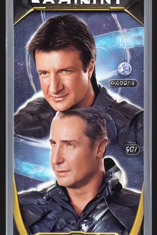 Image similar to card game of nathan fillion, full - view, futuristic, nft