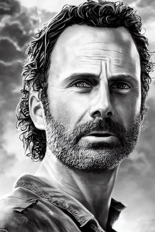 Image similar to portrait art of rick grimes 8 k ultra realistic, digital art, character portrait, highly detailed, trending on artstation, lens flare, atmosphere, hyper realistic, cinematic lightning, sharp focus, unreal engine 5, extreme details perfect face, pretty face, fine - face, illustration, 8 k, ultra texture, masterpiece