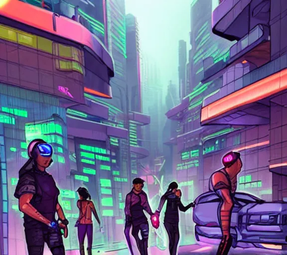 Prompt: cyberpunk netrunners, street level