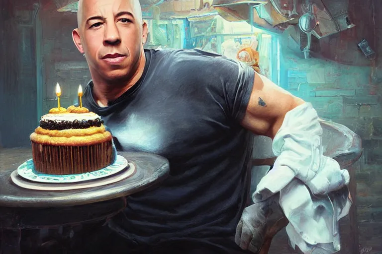 Image similar to portrait of vin diesel eating cake alone wearing a birthday hat, an oil painting by ross tran and thomas kincade