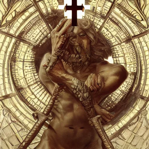 Prompt: fullbody!! christ as a scaly cold blooded reptilian lizard holding a holy cross in his claws, intricate, elegant, highly detailed, digital painting, artstation, concept art, smooth, sharp focus, illustration, art by artgerm and greg rutkowski and alphonse mucha