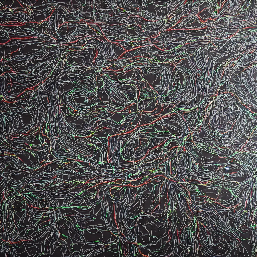 Image similar to Eurorack synthesizer wall with a bunch of patch cable connections, the eurorack's faceplate can be seen perfectly, detailed, high contrast, 8k, in the style of Caravaggio, oil painting