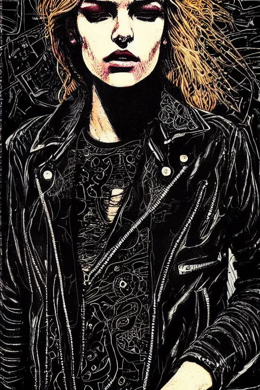 Prompt: dreamy rock girl, black leather jacket, detailed acrylic, grunge, intricate complexity, by dan mumford and by alberto giacometti, peter lindbergh