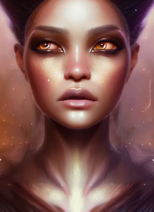 Prompt: portrait of fairy, intricate, sharp focus, octane render, realistic, detailed, beautiful, brown skin, unreal engine, symmetrical!!, loreal, maybelline, sephora, loreal, artstation, art by artgerm, rossdraws, makeup by pat mcgrath, cinematic, concept art, filmic, vsco