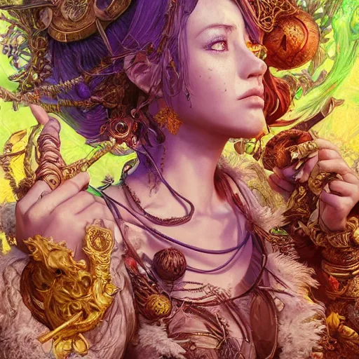 Image similar to the portrait of chaotic good female druid alchemist as absurdly beautiful, gorgeous, elegant, gravure idol, an ultrafine hyperdetailed illustration by kim jung gi, irakli nadar, intricate linework, sharp focus, bright colors, octopath traveler, final fantasy, unreal engine 5 highly rendered, global illumination, radiant light, detailed and intricate environment