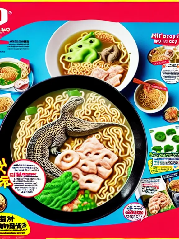 Prompt: magazine ad for dinosaur - flavored ramen, hq scan