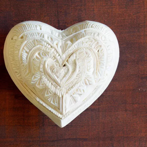 Image similar to intricate heart delicately carved into large block of ivory, c anon 5 d 5 0 mm lens