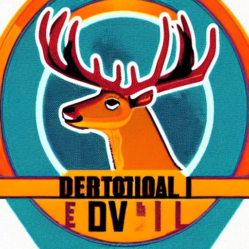 Image similar to logo for evil corporation that involves deer, synthwave style