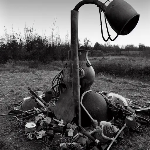 Image similar to wide angle photo of viking wearing space suit helmet and viking armor working on the antigravity gun ancient device, tools and junk on the ground,wires and lights, old village in the distance, vintage old photo, black and white, sepia