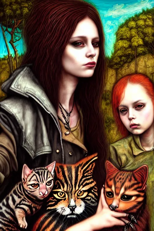 Prompt: punk rock girls making selfie with kind cats in jungle , mad max jacket, post apocalyptic, renaissance, highly detailed, digital painting, oil painting by Leonardo Da Vinci, hyper realistic style, fantasy by Olga Fedorova