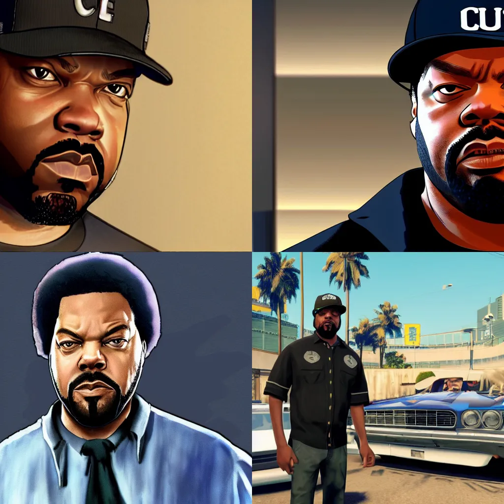 Prompt: ice cube ( from nwa ) in the gta v loading screen, masterpiece, 8 k, 4 k, art by stephen bliss