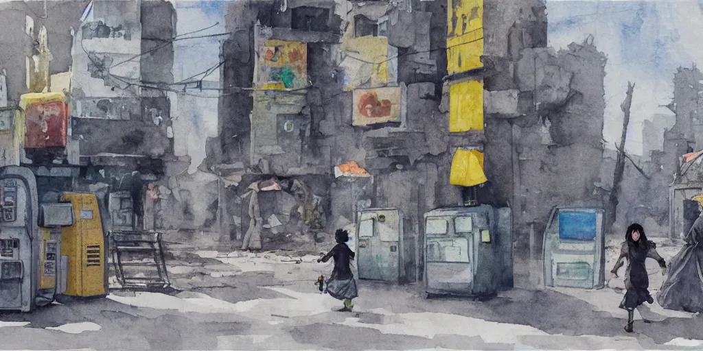 Prompt: deserted dusty junk town, a girl with a parka and a yellow parasol is running, broken vending machines, scene from the movie Ghost in the shell, watercolor, ultrawide