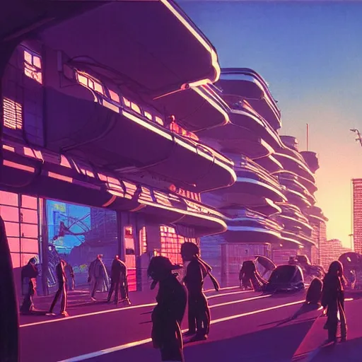 Prompt: photo of cyberpunk school, scifi, bright light, busy street, high school!!!!, morning sun, interesting angle, 8 k high definition, insanely detailed. by syd mead. by masamune shire