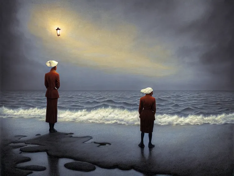 Prompt: a woman standing on a forgotten wharf on a cold sea by rob gonsalves and vladimir kush and ruth deckard and gil elvgren and harry ekman and george petty, crisp details, hyperrealism, high detail, high contrast, low light, grey mist, cobblestones, dim lantern