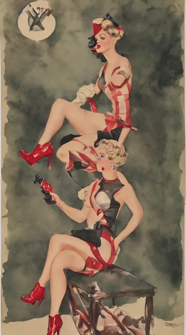 Image similar to a portrait full body pin up post war dressing a military unioform,with, water color, Gil Elvgren style