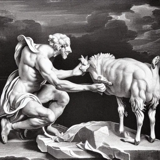Image similar to the sacrifice of a goat, dramatic scene, sculpted by bernini