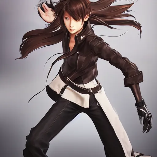 Image similar to a brown haired girl in a dynamic pose. character design. gesture drawing. line of action. official art, concept art. tetsuya nomura. final fantasy. shigenori soejima medium shot. ray tracing hdr. 8 k. uhd. sharp focus. highly detailed. masterpiece. cinematic lighting..