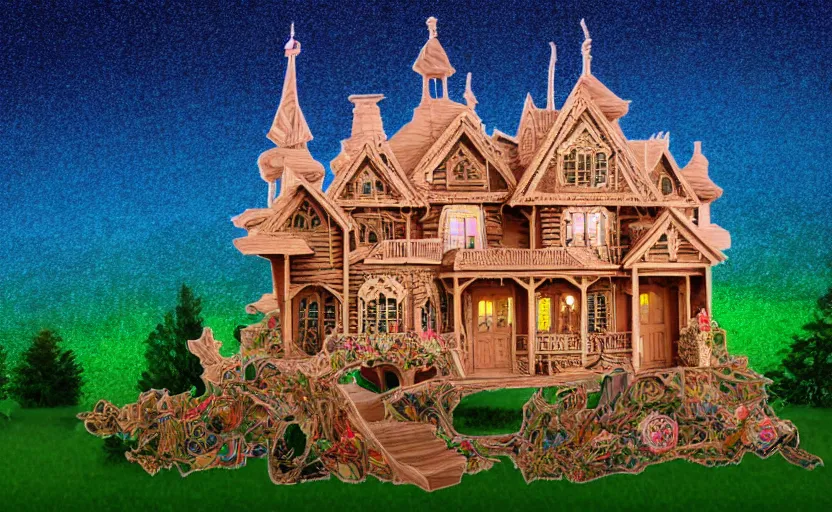 Prompt: one single stand alone huge hyperdetailed elaborate home, seen from the long distance, at night. in a wood made of paper and plastics. free sky in vibrant matte colour. 8 x 1 6 k hd mixed media 3 d collage in the style of a childrenbook illustration in pastel tones. matte background no frame hd