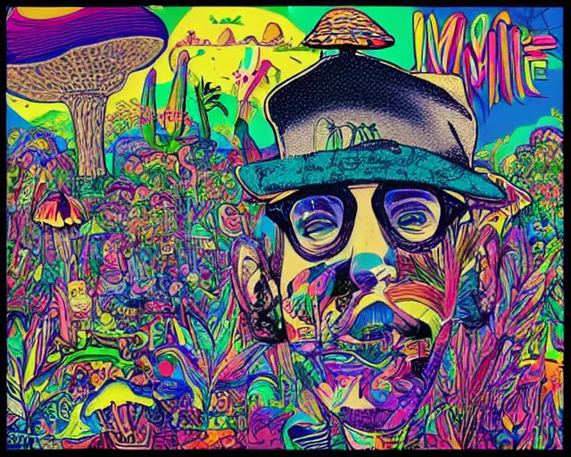 Prompt: mac miller, mushroom trip, art style by john keebs lee, pittsburgh, blue slide park, good vibes, peace, love, 4 2 0, don't trip, swimming in circles, highly detailed