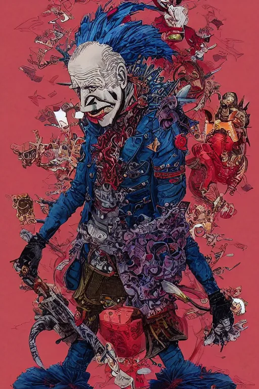 Prompt: joe biden dressed like a midevil jester, by yoichi hatakenaka, masamune shirow, josan gonzales and dan mumford, ayami kojima, takato yamamoto, barclay shaw, karol bak, yukito kishiro, hyperdetailed, trending on artstation