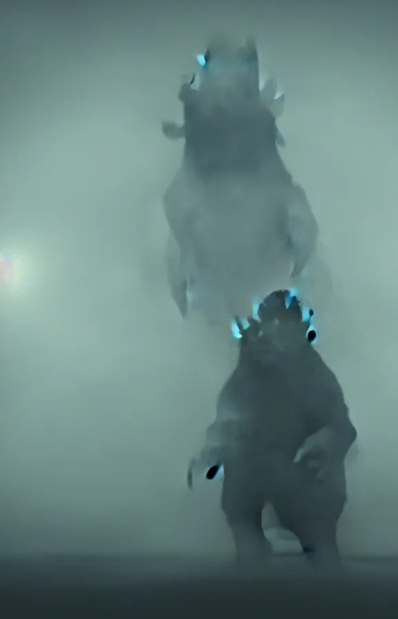 Prompt: very low - resolution found footage of a kaiju monster, fog, smoke, red hue, thriller, underdeveloped, blurry, video compression