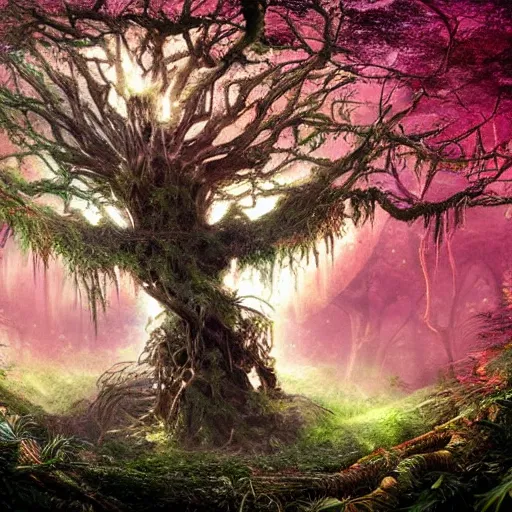 Prompt: horrific, spectacular tree in a densely overgrown jungle, fantasy, dreamlike sunraise, ultra realistic, atmospheric, stopped in time, epic