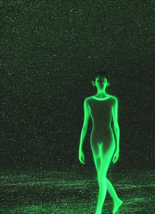 Prompt: a thin female silhouette walking, astral projection, green glowing aura, out of body, film grain, cinematic lighting, experimental film