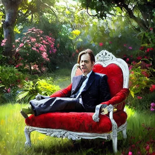 Prompt: steve buscemi sitting in a lovely garden. beautiful painting by raymond swanland, beautiful detailed face.