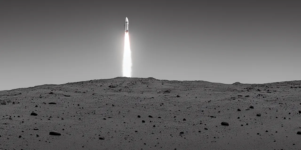 Image similar to 1 7 mm, black and white photo of a rocket landing on mars, black background with stars, cinematic film still, high contrast, astrophotography, 4 k