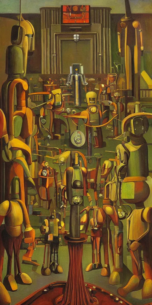 Image similar to robot druids in a grandiose atrium, grant wood, pj crook, edward hopper, oil on canvas