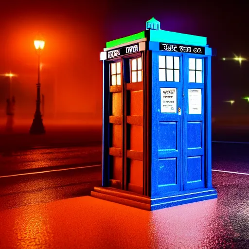 Image similar to a hyperdetailed photograph of the tardis sat on a futuristic street corner, night, dense fog, rain, hd, 8 k resolution