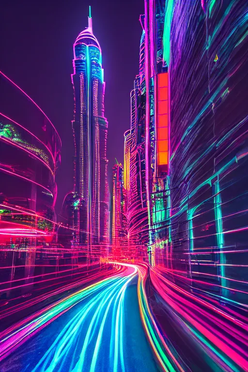 Image similar to neon streets of dubai, 4 k, award winning photo