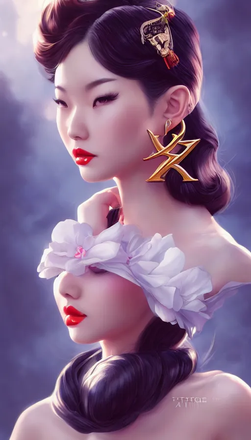 Image similar to a pin up and beautiful fashion and charming and dreamlke asian girl with lv jewelry, medium shot, art by artgerm & ross tran & wlop, hyperdetailed, 8 k realistic, symmetrical, frostbite 3 engine, cryengine, dof, trending on artstation, digital art